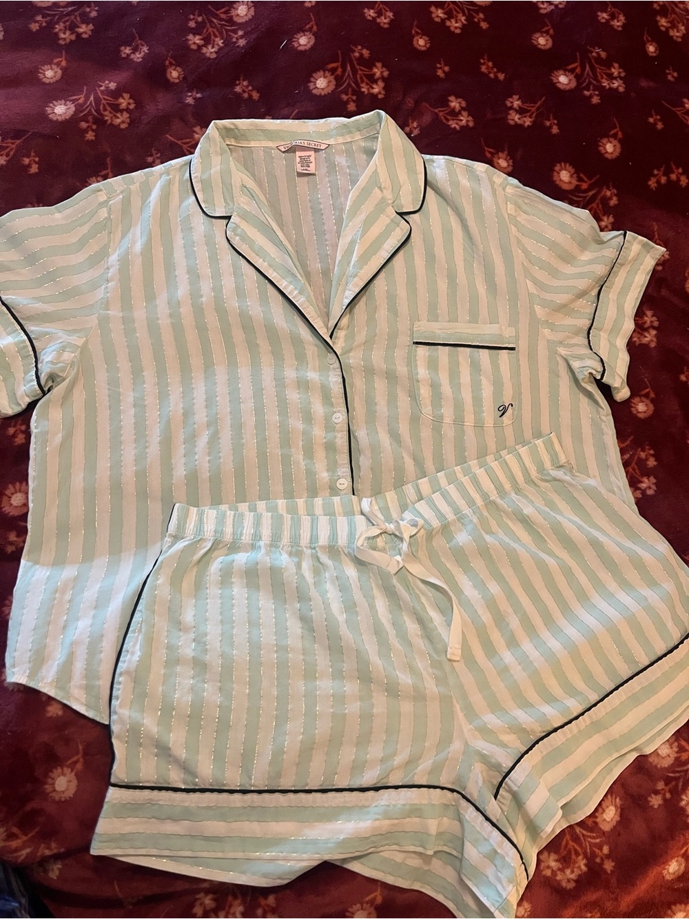 PINK Victoria's Secret Mint & White Striped Short Pajama Set
